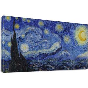 Starry Night by Vincent Van Gogh Classic Wall Art Reproduction Print On Canvas Framed for Home Decor 20" x 40"