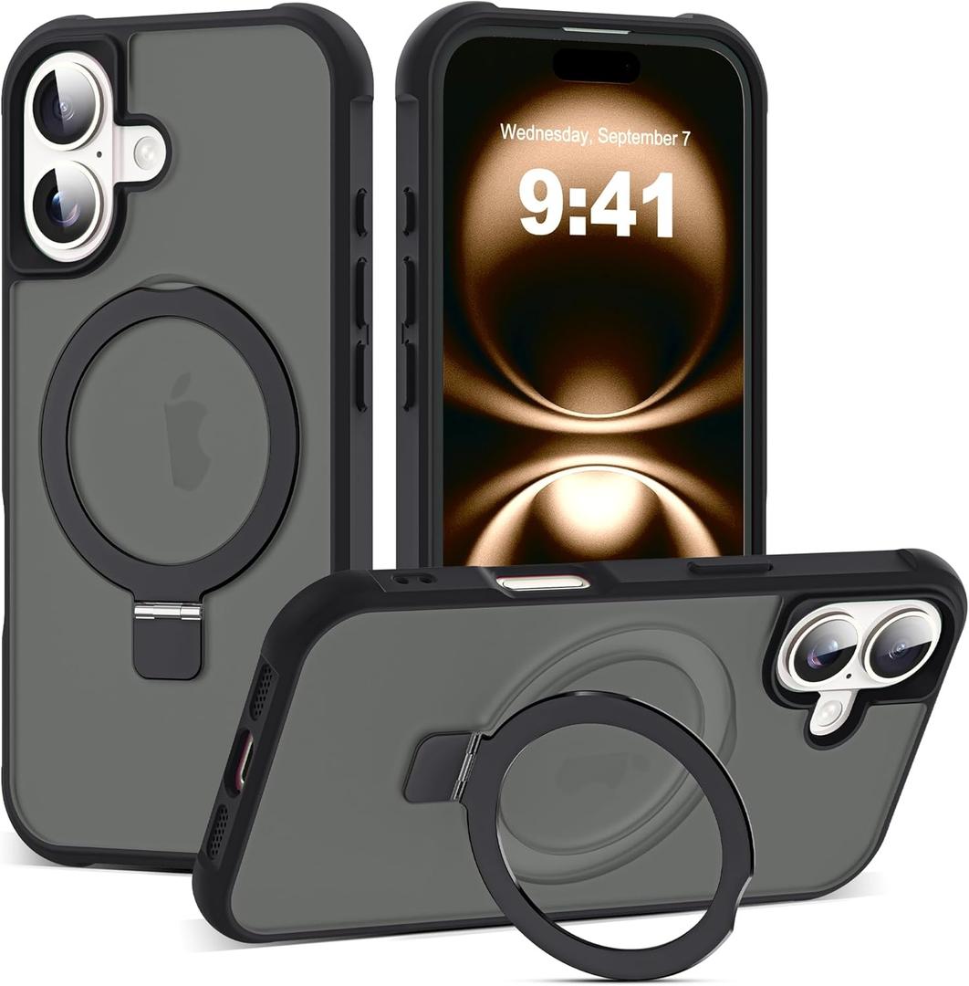 Compatible with iPhone 16 Case with Invisible Magnetic O-Ring Stand Military-Grade Translucent Case for iPhone 16 6.1" [Compatible with Mag-Safe][Great Grip Feeling], Black