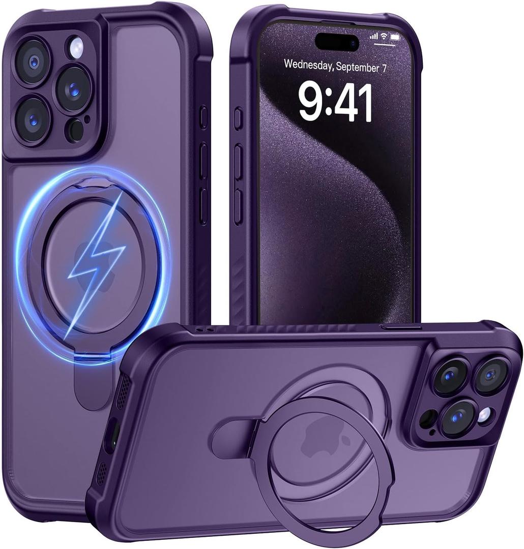 MOCCA Design for iPhone 15 Pro Case with Magnetic Invisible Stand [Full Camera Protection] [Compatible with Magsafe] Military Drop Shockproof Translucent Matte Phone Case Cover 6.1",Deep Purple
