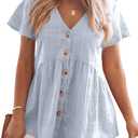 JayGate Womens Short Sleeve V Neck Blouse Button Down Shirt Loose Casual Ruffle Hem Babydoll Peplum Tops (Small, Blue)