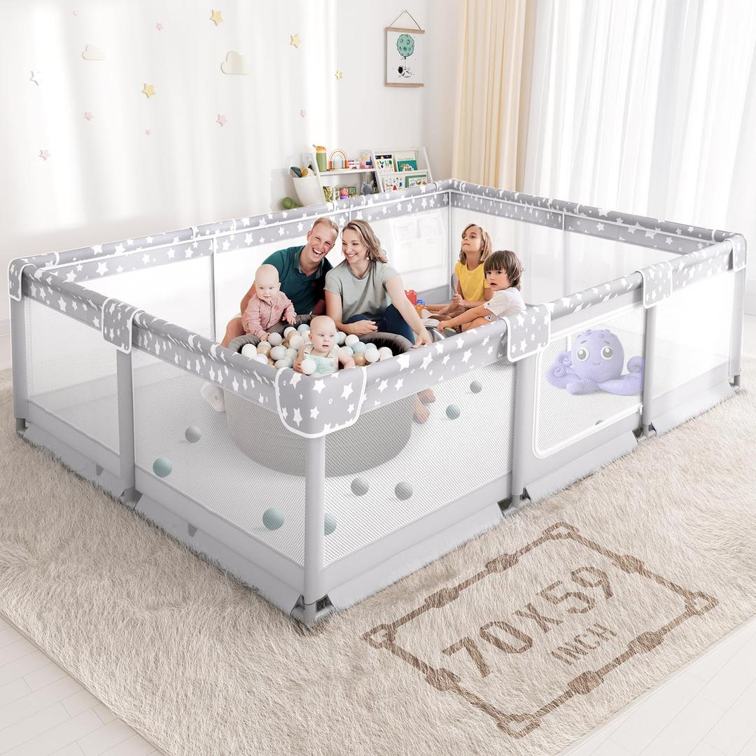 Large Baby Playpen for Babies and Toddlers - 70x59in Giant Play Pen for Babies 6-12 Months Big Play Yard for Toddlers 1-3 Play Pens for Toddler Indoors Playyard Fence Pin Corrales para Bebes Grey-s