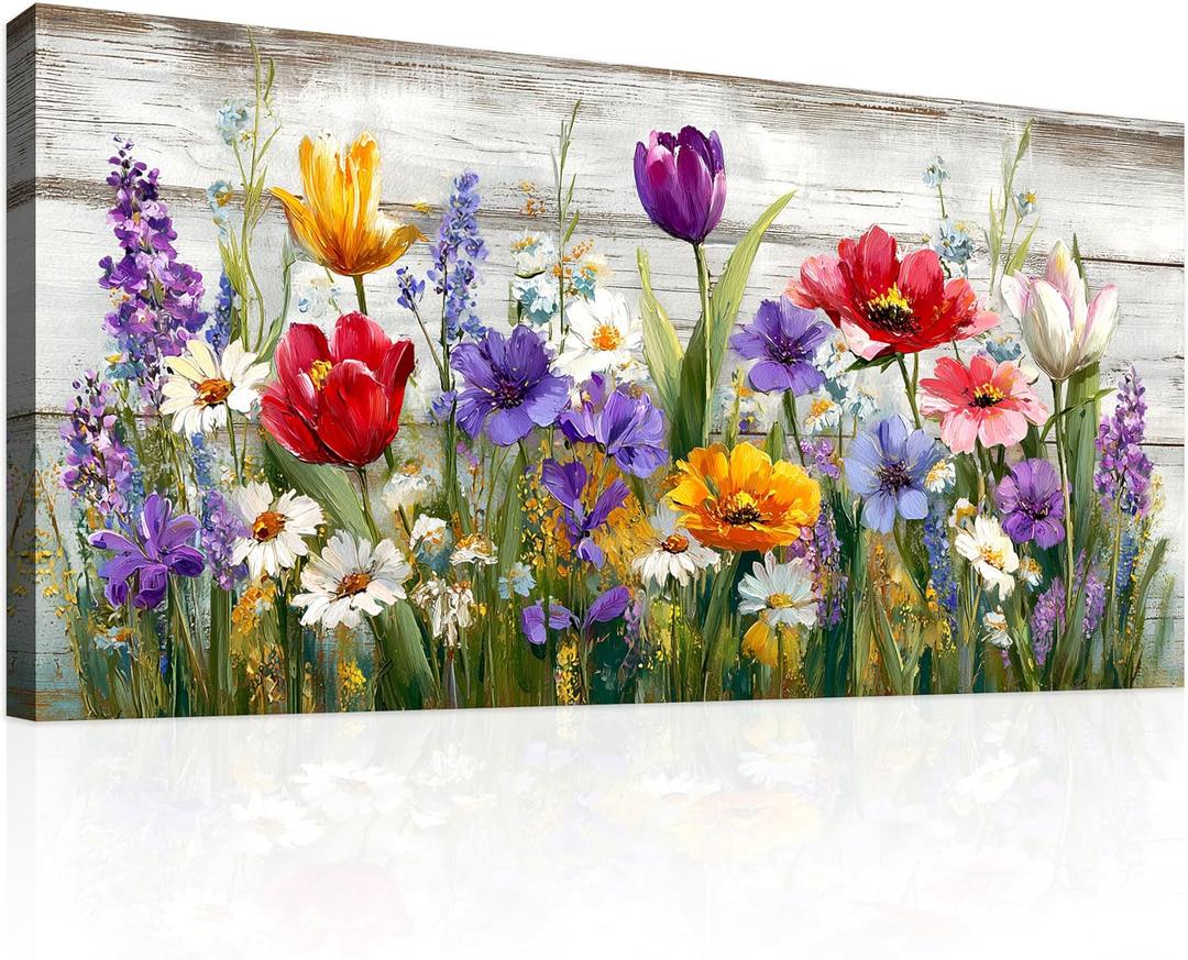 JLXART Wildflower Canvas Wall Art Vibrant Tulip Daisy Print on Distressed Wood Background Rustic Farmhouse Floral Wall Decor for Living Room Bedroom Kitchen Ready to Hang 20x40inch