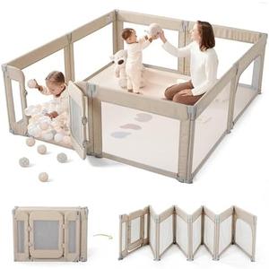 Sweeby Foldable Baby Playpen, 79x71 Playpens for Babies and Toddlers Large Play Yard with Door Baby Fence with Gate and Indoor & Outdoor Play Pen, Light Khaki