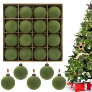 3.15" Green Velvet Christmas Ball Ornaments Set, 16 pcs Flocked Moss Green Xmas Tree Decoration, Large Shatterproof Decorative Hanging Balls for Party Holiday Wreath Garland Home Décor