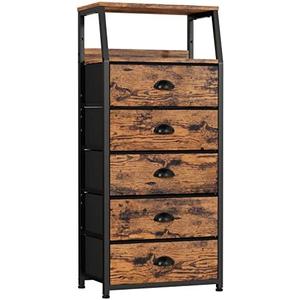 Furnulem Tall 5 Drawers Dresser, Vertical Storage Tower Fabric Dresser for Bedroom, Hallway, Entryway, Nursery, Closet Organizer, Nightstand Bedside Table Furniture, Sturdy Steel Frame, Wood Top