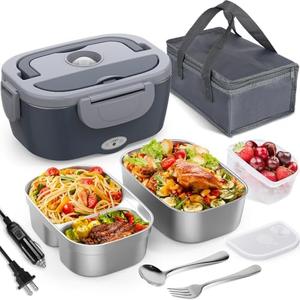 Vabaso Electric Lunch Box for Adults, 80W Heated Lunch Box with 2 Stainless Steel Container, 1.5L Portable Food Warmer for Work Men Car Truck, 110V/12V/24V/220V