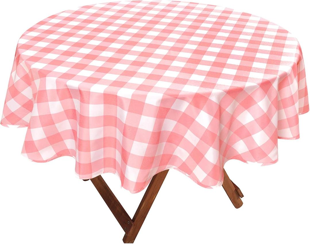 Hiasan Checkered Round Tablecloth 108 Inch - Waterproof Stain and Wrinkle Resistant Washable Fabric Table Cloth for Dining Room, Valentine's Day, Party, Outdoor Picnic, Pink and White