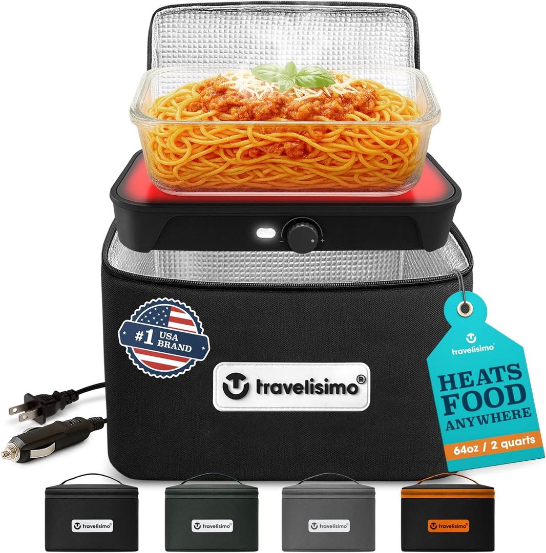 TRAVELISIMO Portable Oven, Electric Lunch Box - 12V/24V/110V Food Warmer Lunch Box 3-in-1 Portable Microwave - Personal Car Warmer, Food Warmer For Car & Travel Microwave, Office & Home Use (Black)