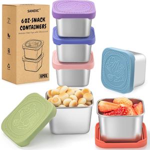 SANEXC 6 Oz Stainless Steel Snack Containers for Kids - 6 Pack Metal Food Containers with Lids Silicone Easy Open 100% Leak Proof BPA Free Reusable Baby Lunch Box for Daycare Travel and Office, 2.36" L x 2.36" W x 2.17" H