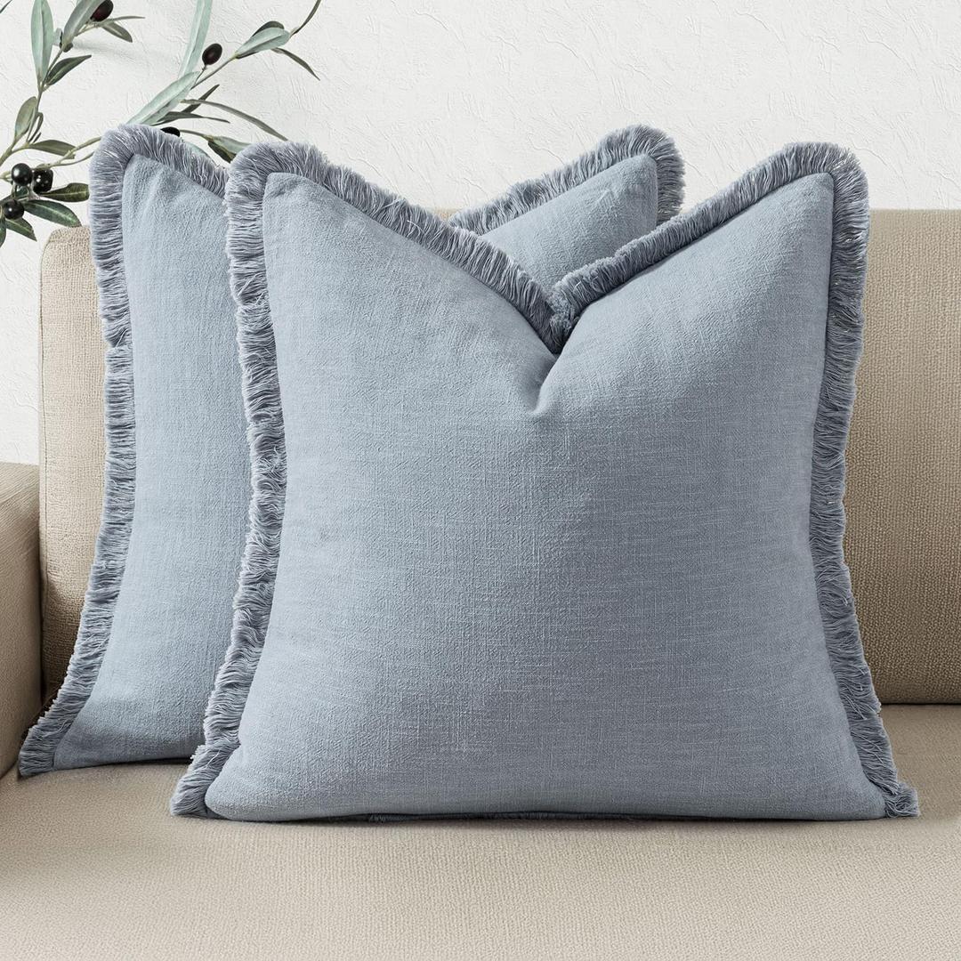 Woaboy Decorative Linen Fringe Throw Pillow Covers Boho Farmhouse Soft Cushion Covers Accent Pillowcases with Tassels for Living Room Couch Sofa Bed Chair,18x18 Inch Set of 2, Coastal Blue