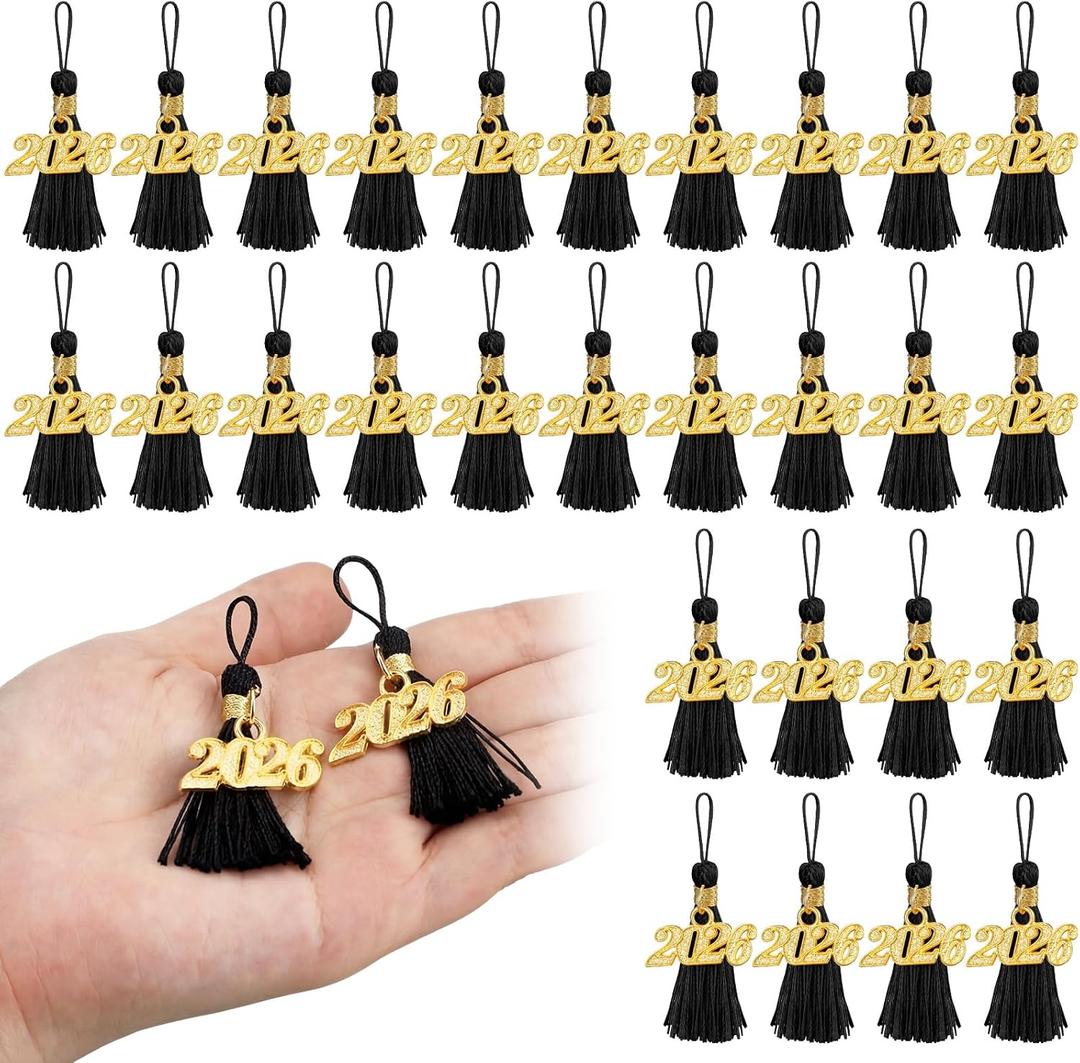 Daifunli 60 Pcs 2026 Mini Graduation Tassels for Craft 2.4inch Maroon Tassels Party Favors Mini Bookmark for Graduation Decor, Chocolates Decor, Keychain Making(Black)