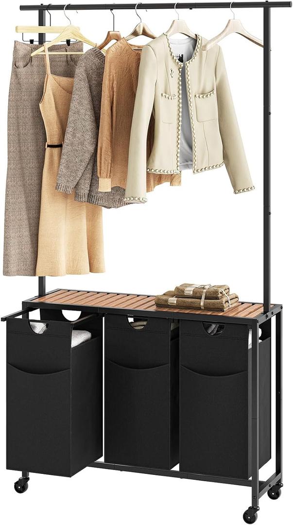 YATINEY Laundry Sorter 3 Section, Rolling Laundry Hamper with Hanging Rack, Laundry Sorter with Wheels, Hampers for Laundry, Laundry Basket Organizer for Laundry Room, Rustic Brown LS37BR (35.4"L x 11.8"W x 70.9"H)