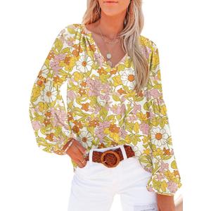 Dokotoo Women's Casual Boho Floral Print V Neck Long Sleeve T Shirt Blouses