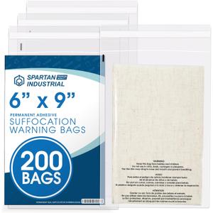 Spartan Industrial - 6 X 9 (200 Count) Self Seal Clear Poly Bags with Suffocation Warning for Packaging, Shipping - Permanent Adhesive