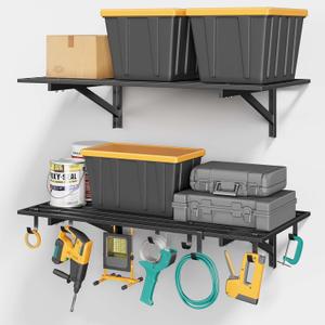 2-Pack 2x4ft Heavy Duty Garage Shelving, 2' x 4' Garage Wall Shelving Wall Mounted, 400LB Capacity Garage Storage Rack with Hooks, Black