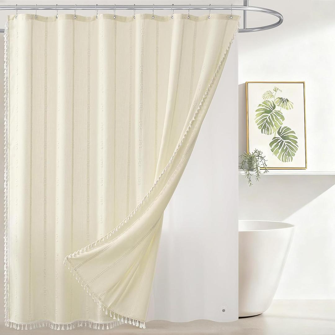 downluxe Linen Texture 3 in 1 Farmhouse Shower Curtain Set with Tassel, Boho Fabric Shower Curtains for Bathroom, Cream, 72W x 78L