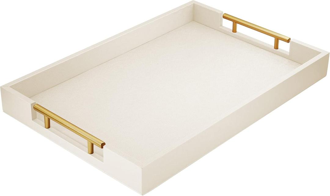 17" x 12" Wood Serving Tray with Gold Polished Metal Handles, Home Decorative Wooden Rectangle Ottoman Leather Decor Platter Bathroom Vanity Tray for All Occasions White