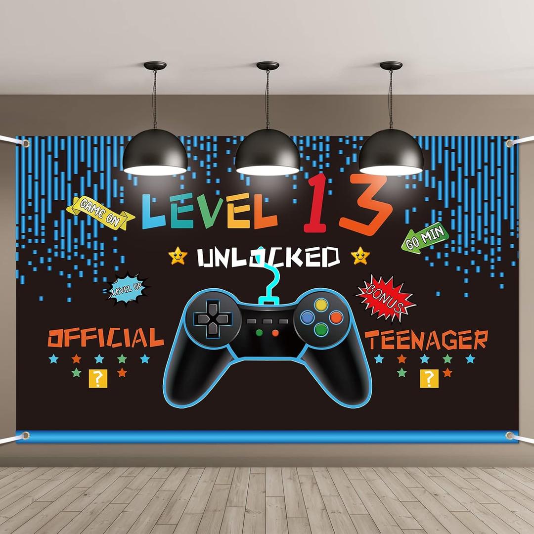 Video Game Birthday Decorations 8 9 10 11 12 13 14th Birthday Decorations for Boys Gaming Theme Photo Props Backdrop Banner Teenager Birthday Decoration (Level 13) (Blue)