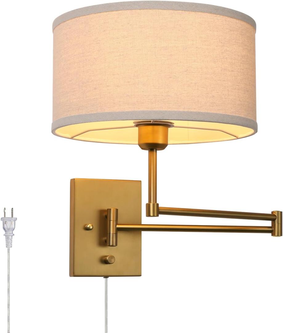 Vintage Fabric Plug-in Cord Wall Sconce, Indoor Swing Arm Wall Mounted Lamp with On/Off Switch, Antique Brass Linen Textile Sconce Wall Lighting Reading Light Fixture for Living Room
