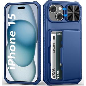 BXYJY for iPhone 15, iPhone 14, iPhone 13 Case Wallet, Builtin Card Holder(45 Cards), Slide Camera Cover, Military Grade & RFID Protection, Heavy Duty Women Men Phone Case for iPhone 15/14/13, Blue