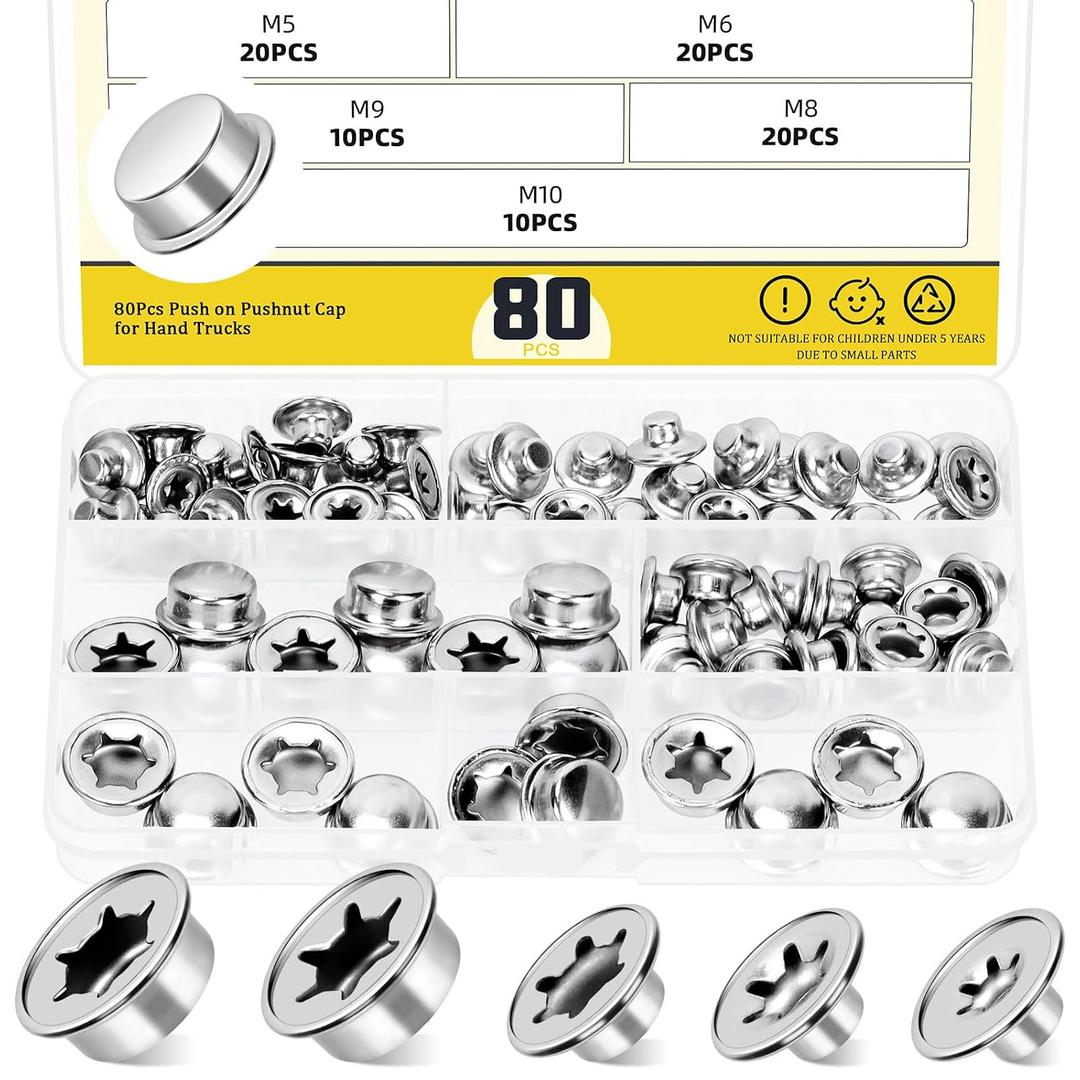 80Pcs Push on Pushnut Cap Stud 3/16", 1/4", 5/16", 3/8", 2/5" Axle Pushnut Caps Axle Cap Nut with Mechanical Zinc Plating, Permanent Washer Caps for Hand Trucks, Lawn Wagons, Rolling Bins