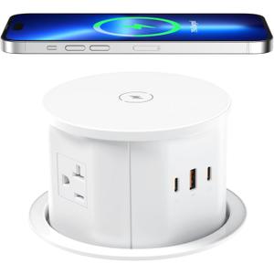 ANNQUAN 20 Amp Pop Up Countertop Outlet with 15W Wireless Charger,Max 65W Power Delivery,4.75" Pop Up Electrical Outlet with 3 Outlets 3 USB Ports for Home Office (White)