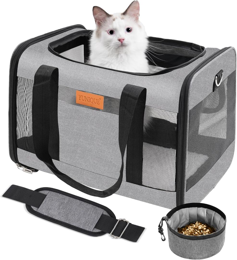 YUNIQUE Soft-Sided Cat & Dog Carrier for Pets Up to 15 Lbs, Airline Approved Collapsible Travel Puppy Carrier with Lightweight Fabric Design (Grey)