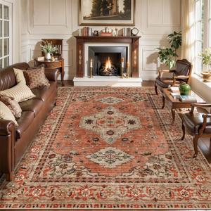Tangsoo Boho 6x9 Washable Area Rugs for Living Room, Oriental Vintage Indoor Non Slip Large Area Rugs, Print Terracotta Carpet, Soft Low Pile Rug Foldable Floor Rugs for Bedroom Dining Room Home Decor