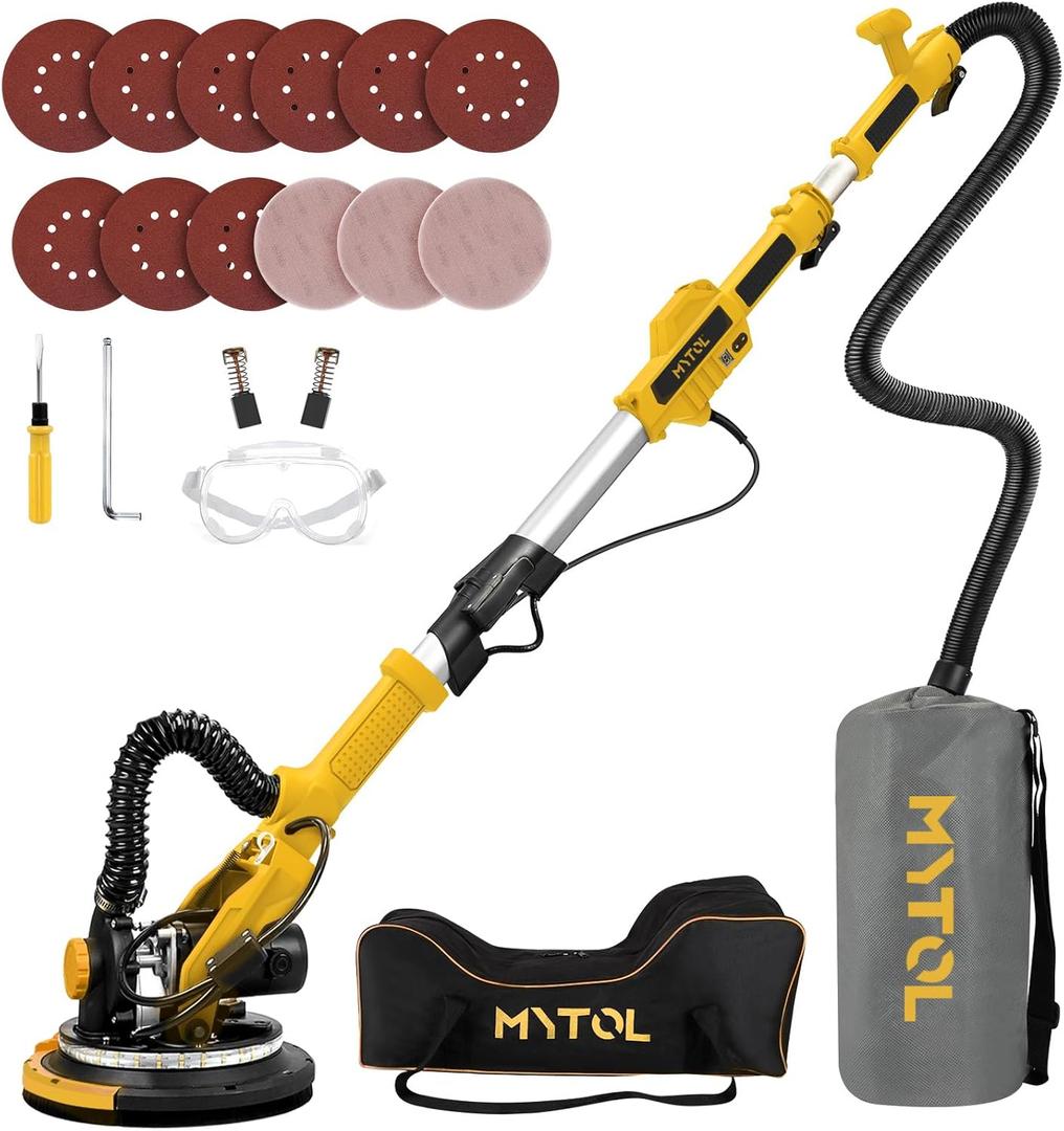 MYTOL Drywall Sander, 7.2A Electric Drywall Sander with Vacuum Dust Collection, 6 Variable Speed 900-1800RPM, LED Light, Foldable & Extendable Handle, 9 Pcs Sandpaper&3 Pcs Grid Sandpaper, Full Green