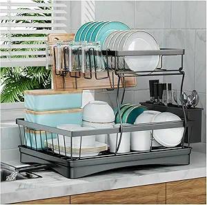 7 code Large Dish Drying Rack, 2-Tier Dish Racks for Kitchen Counter, Detachable Large Capacity Dish Drainer Organizer with Utensil Holder, Dish Drying Rack with Drain Board