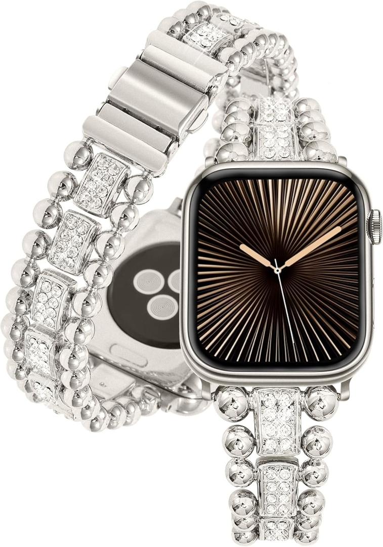 HANDODO Luxury Bling Jewelry Band Women for Apple Watch Series 10 9 8 7 6 5 4 3 2 1 SE SE2 Ultra 2, Cute Stainless Steel Strap for iWatch 49mm 46mm 45mm 44mm 42mm 41mm 40mm 38mm, Bracelet Diamond (Starlight-Beads)