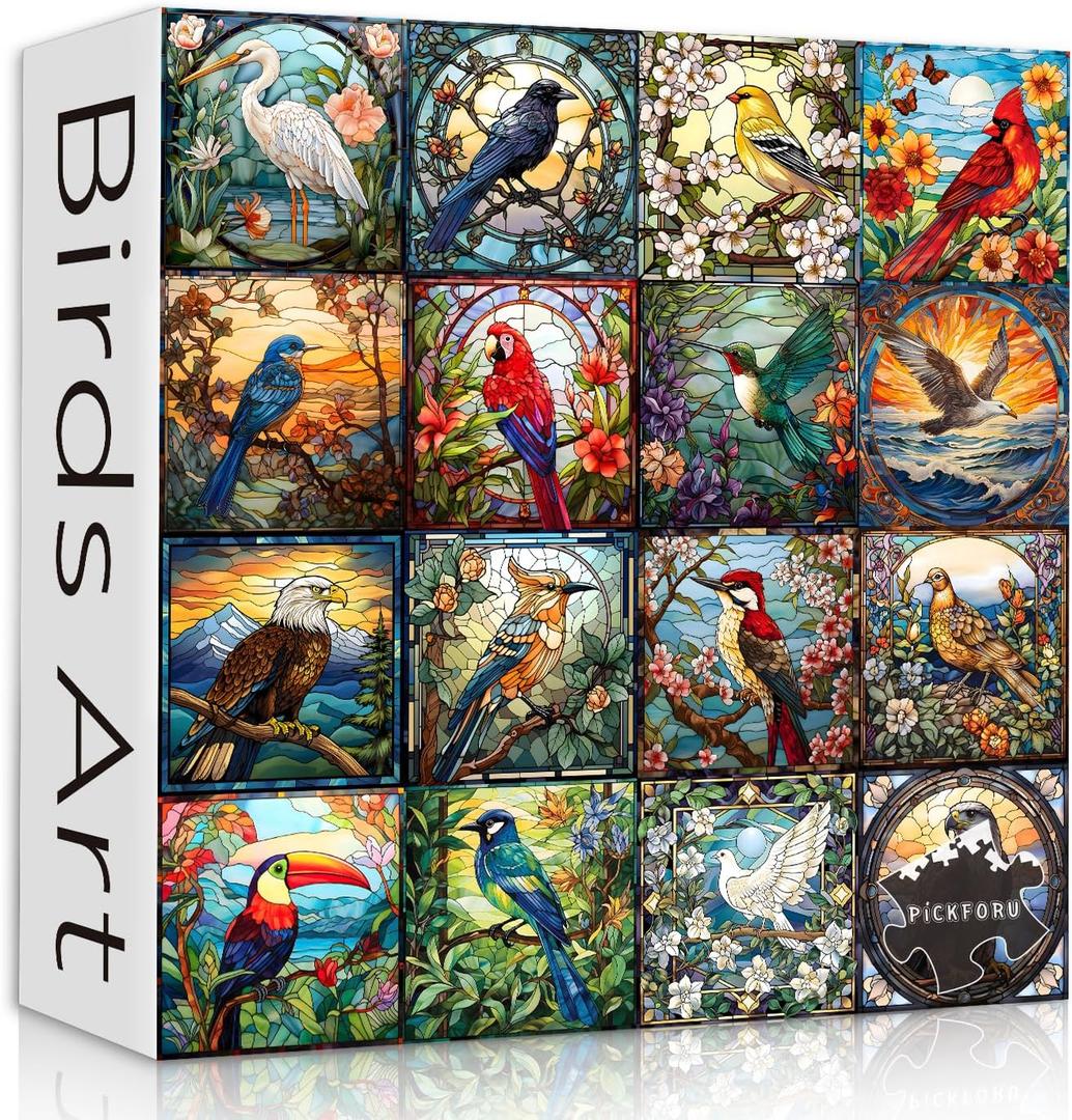 Stained Glass Puzzles for Adults 1000 Pieces, Bird Puzzles for Adults Flower with Cardinal Bird Parrot Hummingbird, Impossible Hard Challenging Jigsaw Puzzles