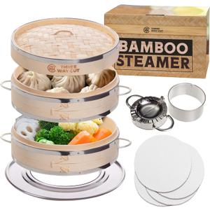 Dumpling Bamboo Steamer 10 Inch 2 Tier Wooden Basket With Handle, Ring Adapter, Reusable Silicone Liner, Kit For Cooking Baby Bao Bun, Dim Sum, Rice Potsticker Steaming Chinese Asian Food & Vegetables