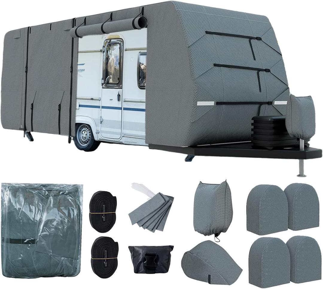 Travel Trailer RV Cover Fits Camper Cover, 7 Layers Heavy Duty RV & Trailer Cover, Toy Hauler Cover with Tongue Jack Cover Extra Windproof Straps Gutter Covers (22-24FT)