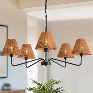 5-Light Rattan Chandelier 29" Modern Farmhouse Chandelier for Dining Room, Rustic Chandelier with Hand-Woven Wicker Fabric Shades, Boho Pendant Lighting for Living Room, BedroomHallway