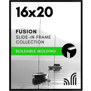 Americanflat 16x20 Picture Frame with Polished Front Cover - Slide-In Photo Frame with Buildable Molding - Fusion Collection - Picture Frames for Wall Display - Black