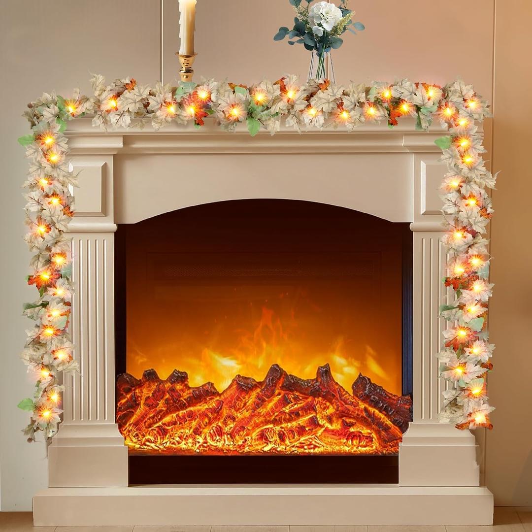 9Ft Thanksgiving Garland with Lights Plug in Fall Decorations for Home 50 White Bulbs Connectable Lighted Thanksgiving Garland for Indoor Outdoor Harvest Mantle Fireplace Fall Decorations(1 Pack)