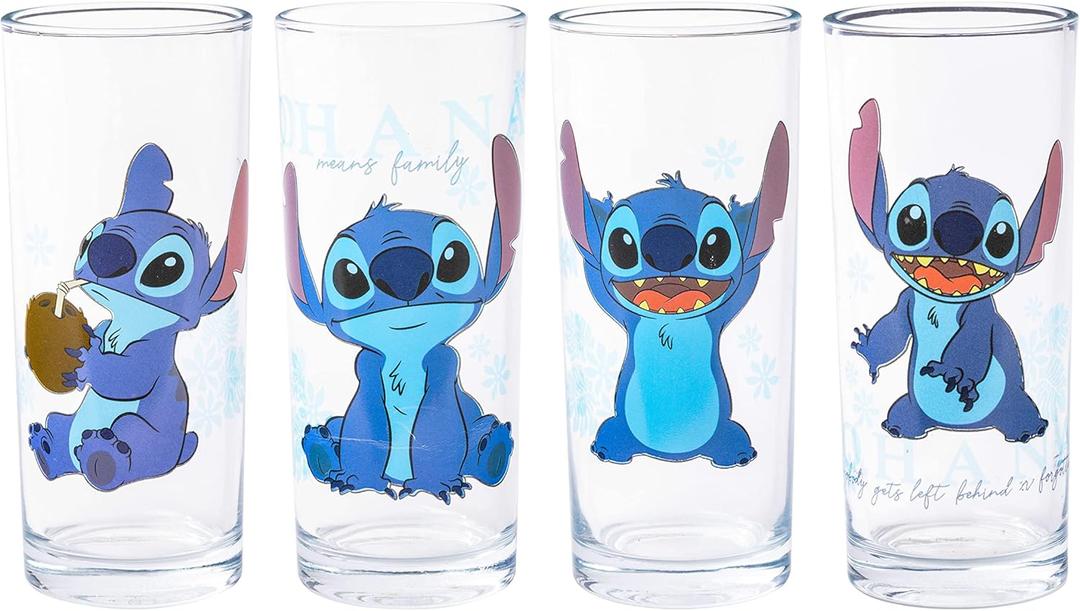 Silver Buffalo Disney Lilo and Stitch Blue Floral 4pc Tumbler Glass Set, 10-ounces