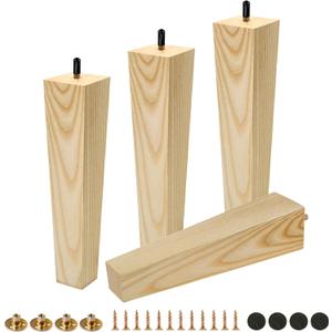 FoDau770 5/16"-18 Bolts Square Furniture Legs 10 Inch, Ash Wood Legs for Furniture Set of 4, Mid Century Modern Feet Wood Replacement Parts for Cabinet Sofa Dresser Chair Ottoman Table