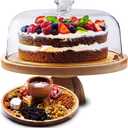 Cake Stand with Acrylic Dome Lid 2-in-1 Multifunctional Round Shatterproof Dessert Table Display Set with Acacia Wood Serving Platter, Veggie Tray, Fruit Bowl, Donut Stand, Nachos Plate