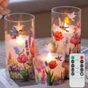 Glass Flameless Candles with Remote, Hummingbird Floral Battery Operated Candles, Flickering LED Pillar Candle for Wedding, Home, Party Gift, Set of 3