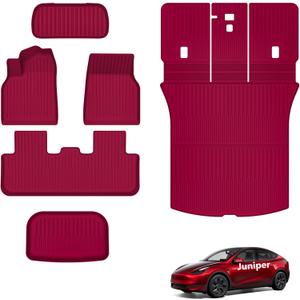 AUXKO All Weather Floor Mats for 2025 2026 New Tesla Model Y Juniper Cargo Mat with Backrest Mat & Front Trunk Liner & Rear Cargo Mat Car Full Set Accessories Guard Odorless Anti-Slip TPE Mats Red