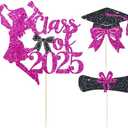3 Pcs Coquette Bow 2025 Graduation Cake Topper Rose Glitter Class of 2025 Cake Topper Congrats Grad Cake Decor for Girls 2025 Senior High School Graduation Party Cake Supplies Decorations, 2 Pack