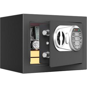 Goldenkey Small Kids Safe for Money, Digital Mini Safes with Keys&Code for Cash, Safe Box for Personal Items for Home, 6.69"D x 9.05"W x 6.69"H, Black