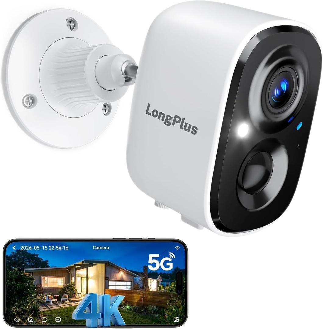 LongPlus 8MP Security Cameras Wireless Outdoor: 4K Battery Powered Security Camera, Outside Camera Support 2.4G/5GHz WiFi, 24/7 Recording, Color Night Vision, AI Motion Detection, SD/Cloud Storage
