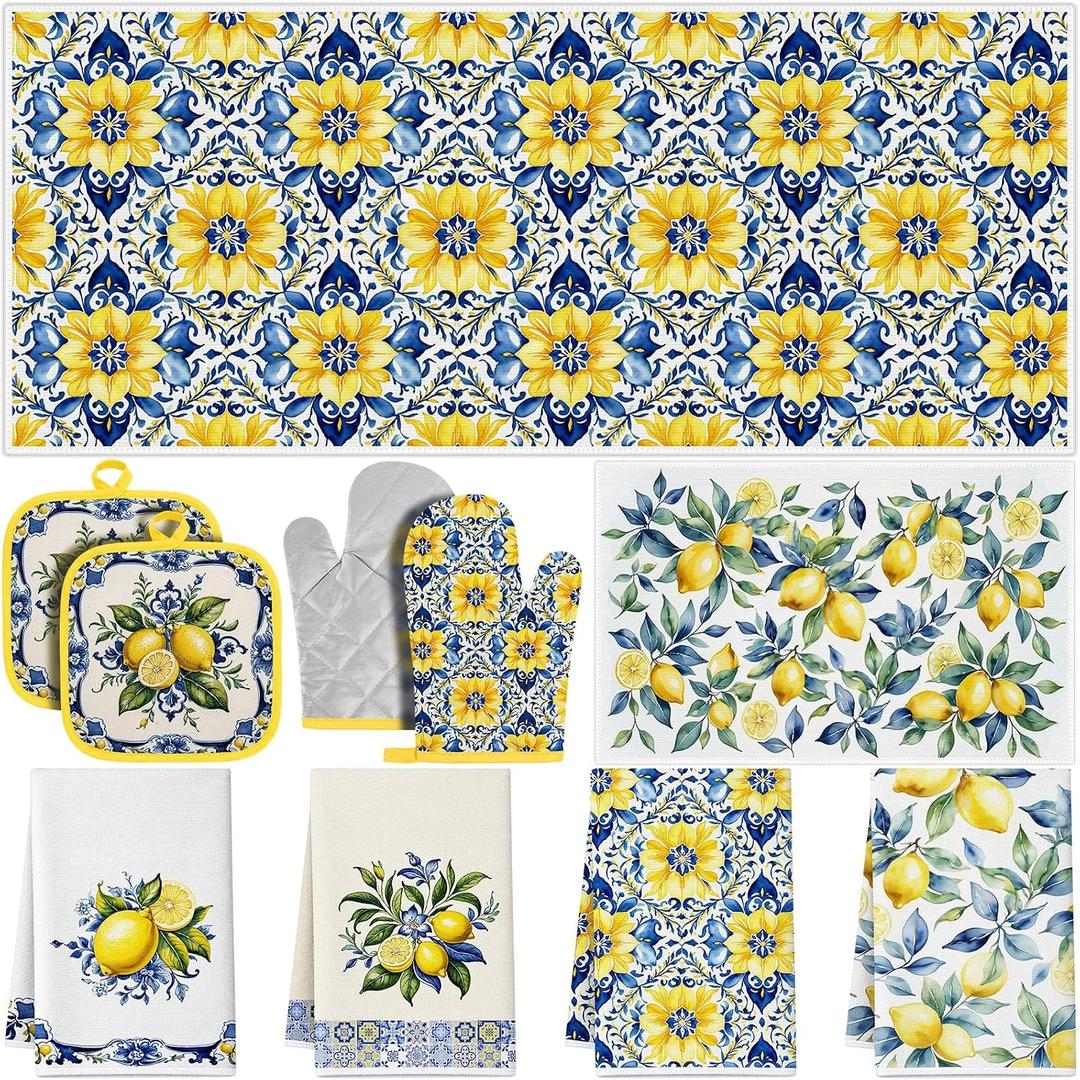 10 Pcs Mediterranean Lemons Kitchen Gift 4 Dish Towels Tea Towels 2 Oven Mitts 2 Pot Holders Lemon 2 Mats Kitchen Accessories for Cooking Baking