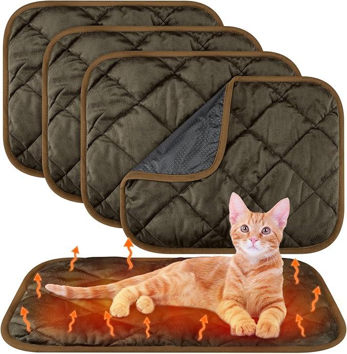 Clysee 4 Pack Self Heating Cat Pad Self Warming Dog Mat Reflects Body Heat Extra Warm Thermal Pet Pad Washable Dog Cat Bed Crate Bed Mat Blanket(Coffee Color,16 x 20 Inch)