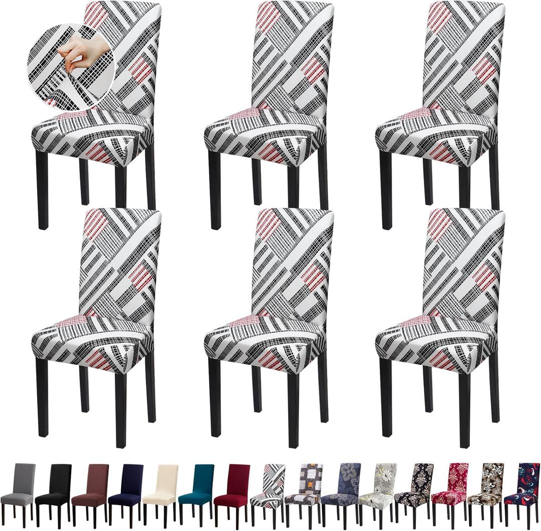 Dining Room Chair Covers - Stretch Kitchen/Dining Room Set of 6 - Removable Washable Slipcovers for Home, Hotel, Banquet (Black+Red Grid)