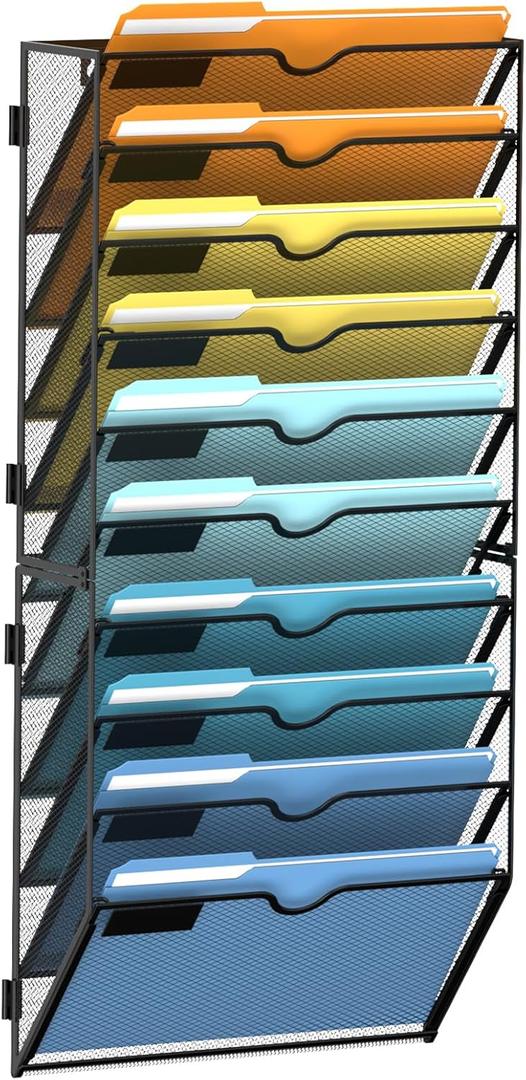 SUPEASY 10-Tier Wall File Holder Organizer with Hooks, Mesh Hanging File Organizer, Mail Organizer Wall Mounted for Papers, Folders, Office Magazine Rack, Black