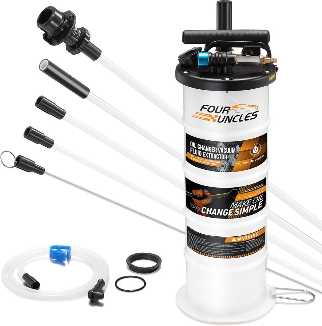 FOUR UNCLES 6.5L Fluid Extractor - Pneumatic/Manual Vacumm Oil Extractor with Pump Tank Remover & 5 Tubes for Engine Oil Change and a Bleeding Hose with Universal Adpater for Brake Bleeding (6.5L Manual/Pneumatic New)